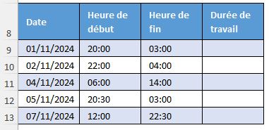 Excel formation - 0026-Calculer les heures sur deux journées - 01