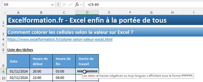 Excel formation - 0026-Calculer les heures sur deux journées - 02