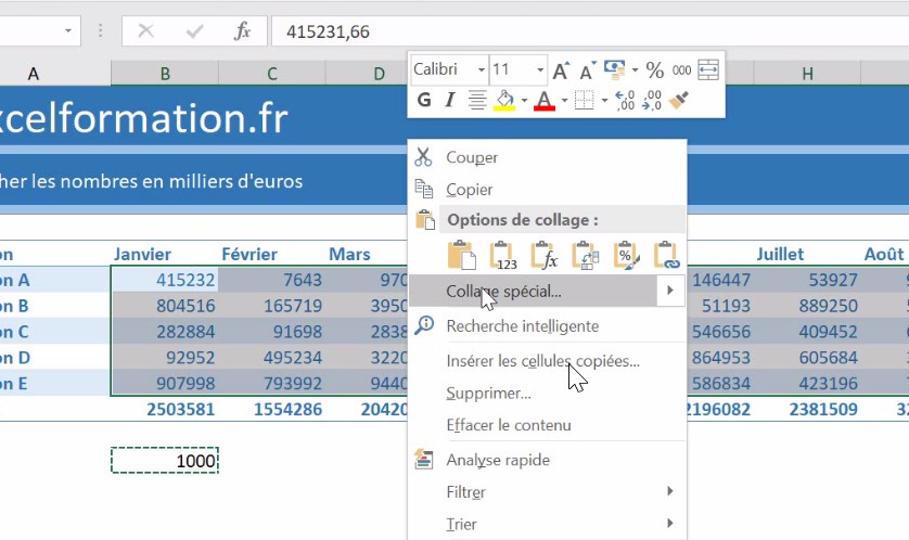 Excel formation - video comment afficher des donnes en milliers d euros k
