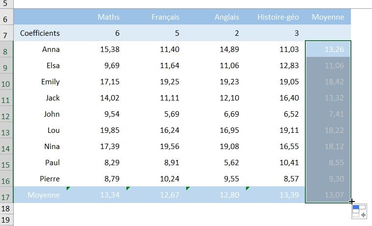 Excel formation - calcul de moyenne - 15