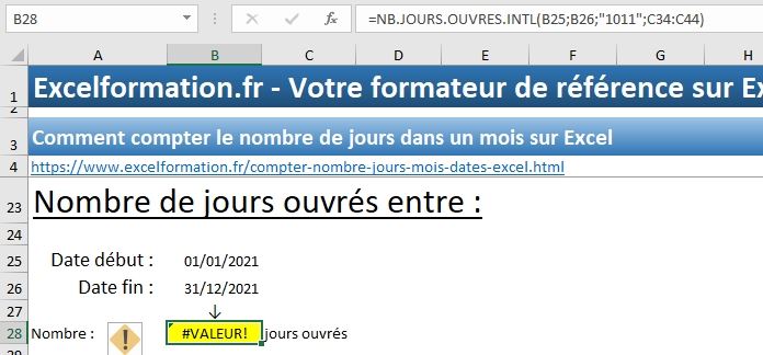 Excel formation - calculer jours ouvrés - 21